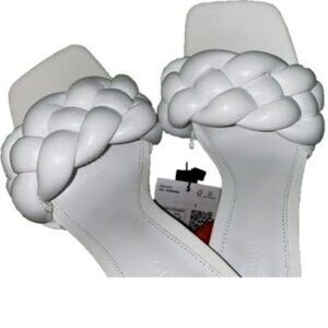 BNWT MANGO leather brilliant white puffy braided knotty heel mules (41--US 10)